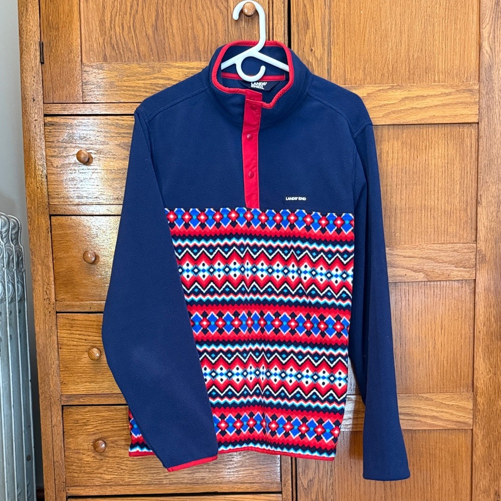 NEW Lands' End Navy and Red Geometric Fleece Pullover